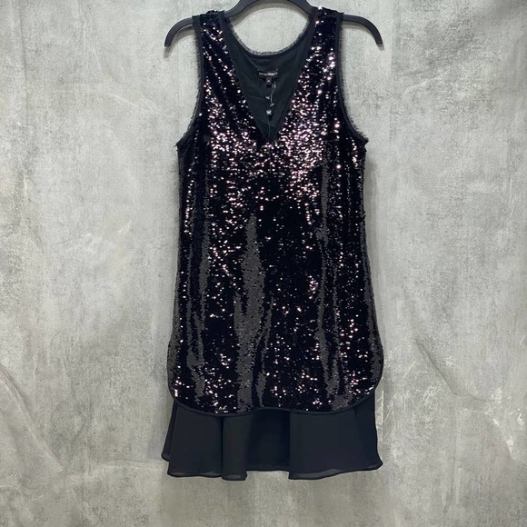 Emporio Armani Black Layered Sequin V-Neck Tank Mini Dress SZ 44